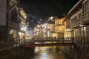 It is the fanous hot-spring resort at night in Japan.